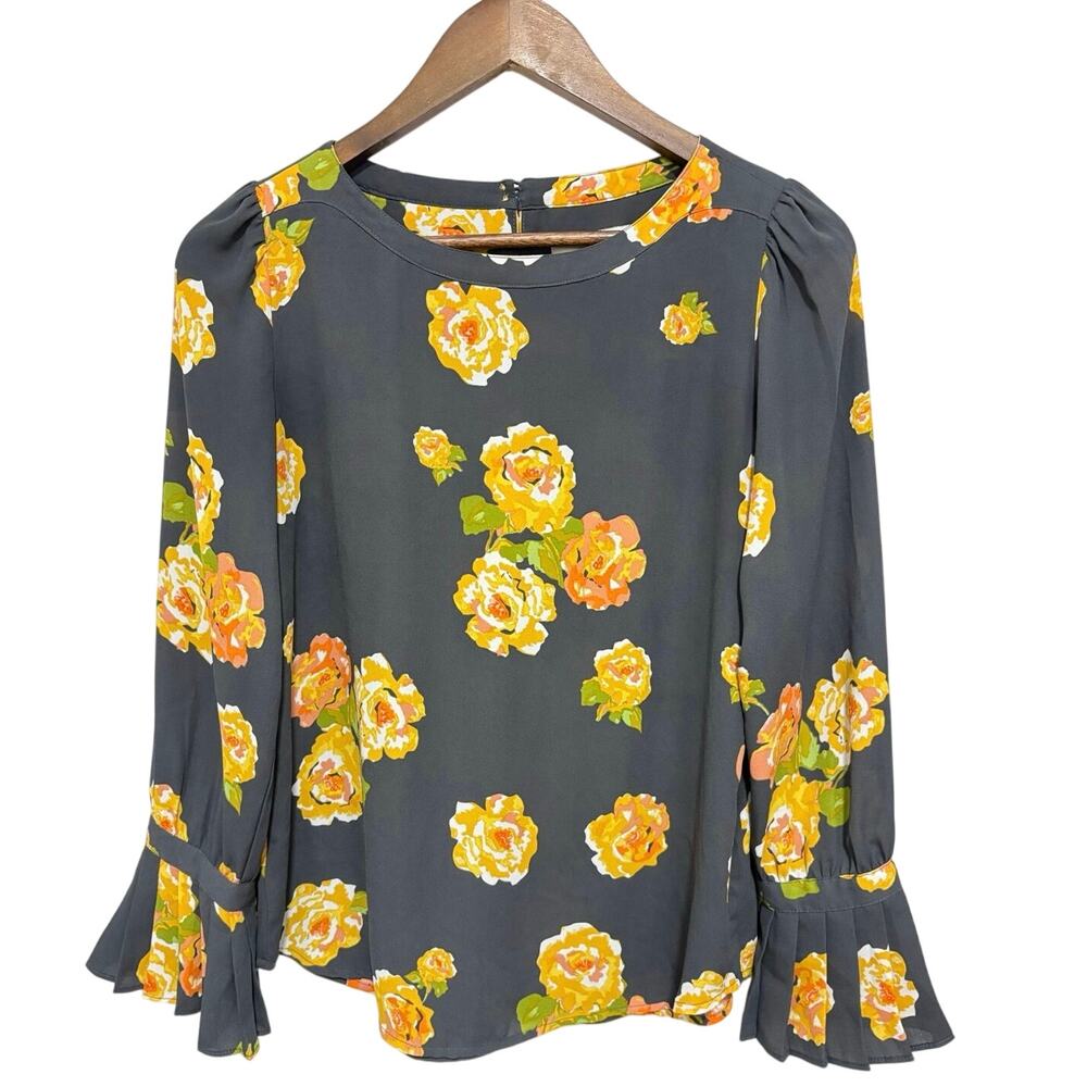 LOFT Petites Womens Floral Blouse Gray Yellow Pleated Bell Sleeve Top
